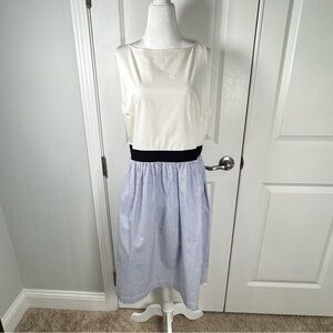 LOFT Sleeveless Midi Dress Size 10 White Blue Stripe Preppy Work A-Line NWT